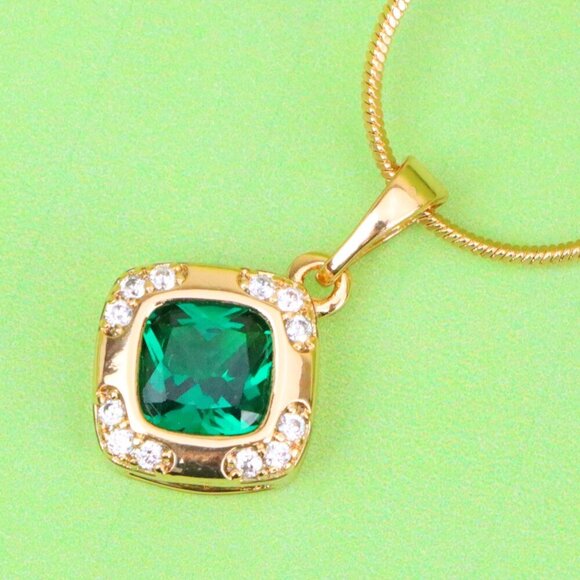 "Green Cushion Stone Pendant in Gold Plated Brass with Crystal Halo, XPPT1768 - Picture 1 of 13